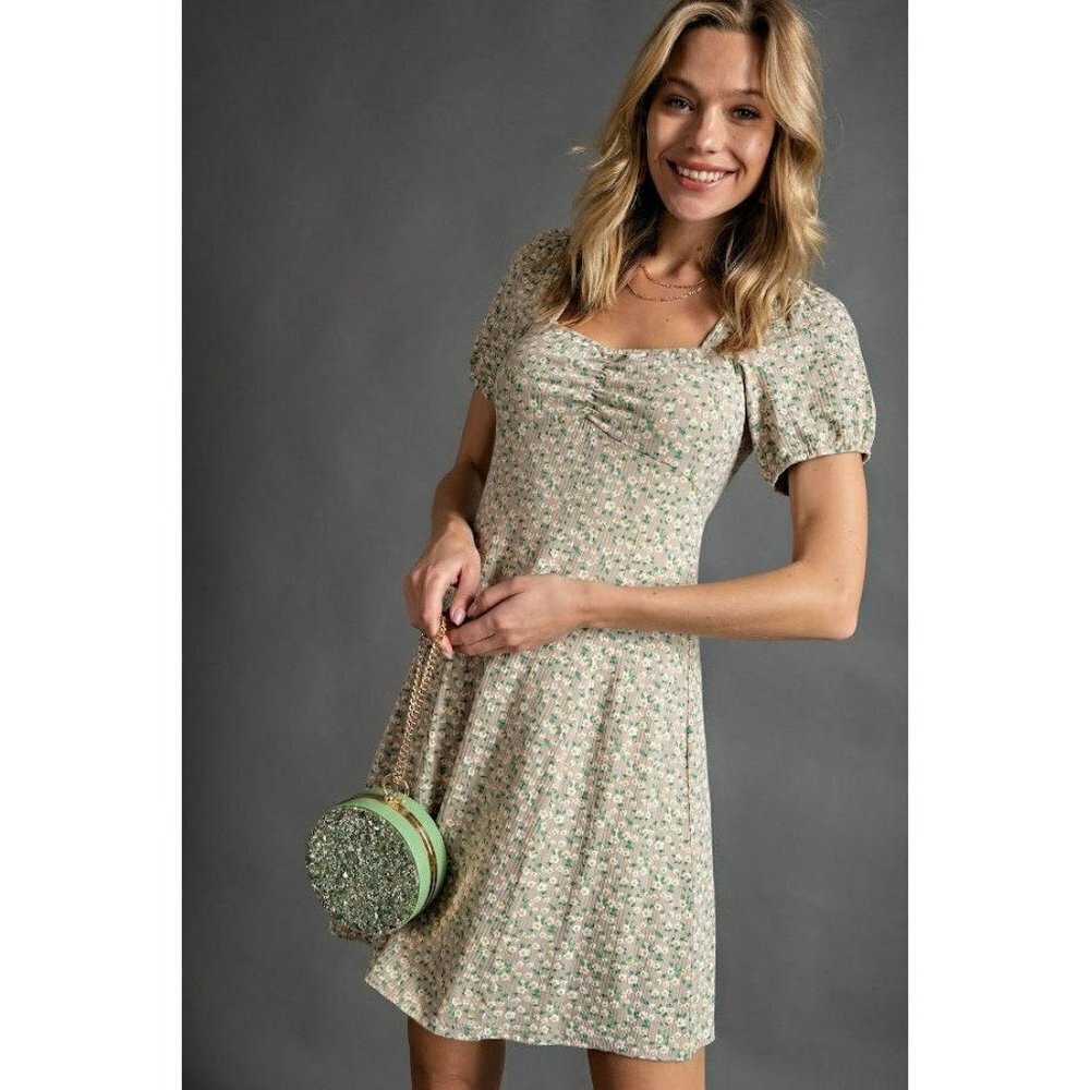 Superbloom Sweetheart Floral Rib Knit Dress in Khaki